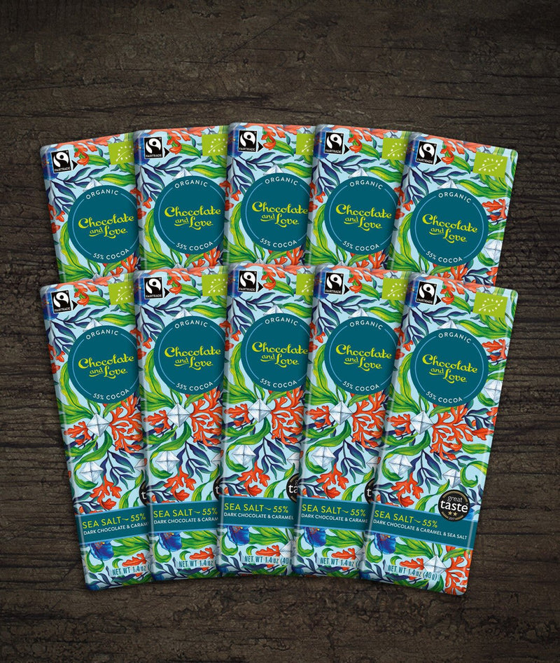 PAST BEST BEFORE DATE SALE - SEA SALT AND CARAMEL 55% DARK CHOCOLATE BAR 40g - BEST BEFORE DATE 04.03.25